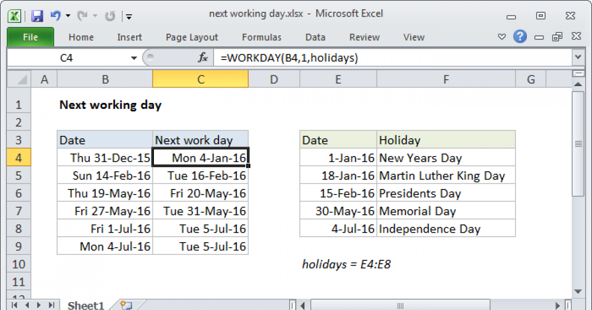 Next Working Day Excel Formula Exceljet